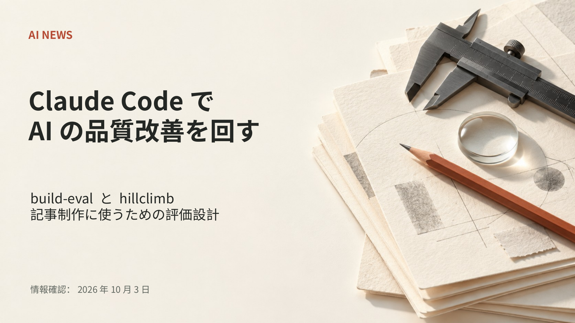 Claude CodeでAIの品質改善を回す。build-evalとhillclimbを記事制作に使うための評価設計。情報確認2026年10月3日。